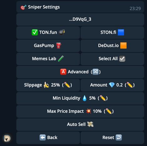 Snipes Settings
